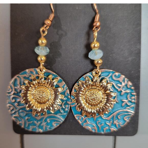 Boho Sunflower Dangle Earrings Gold Tone Turquoise Beaded Drop Jewelry Gift Bag - Picture 1 of 9